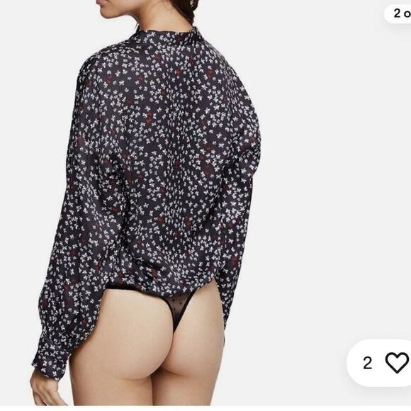 Free People Long Sleeve Bodysuit Ladylike Printed Black/Red Small New - Picture 2 of 6
